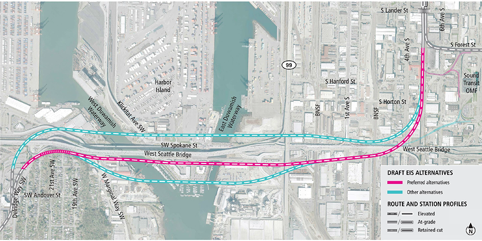 Map of Delridge, Avalon and Alaska Junction stations in southwest Seattle showing pink lines for preferred alternatives, brown lines for preferred alternatives with third party funding, and blue lines for other Draft EIS alternatives. Lines indicate elevated, at-grade and tunnel alternatives. See text description below for additional details Click to enlarge.